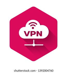 White VPN Network cloud connection icon isolated with long shadow. Social technology. Cloud computing concept. Pink hexagon button. Vector Illustration