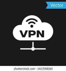 White VPN Network cloud connection icon isolated on black background. Social technology. Cloud computing concept. Vector Illustration
