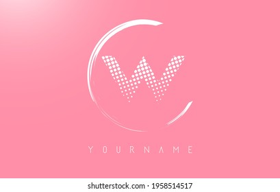 White W letter logo design with golden dots and white circle frame on pink background. Creative vector illustration with pink background and letter W.