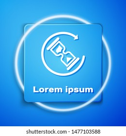 White Waiting icon isolated on blue background. Wait time icon. Hourglass clock. Blue square button. Vector Illustration
