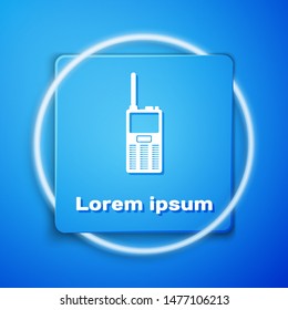 White Walkie talkie icon isolated on blue background. Portable radio transmitter icon. Radio transceiver sign. Blue square button. Vector Illustration