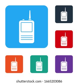 White Walkie talkie icon isolated on white background. Portable radio transmitter icon. Radio transceiver sign. Set icons in color square buttons. Vector Illustration