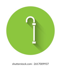 White Walking stick cane icon isolated with long shadow. Green circle button. Vector