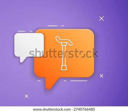 White Walking stick cane icon isolated on purple background. Orange speech bubble symbol. Vector