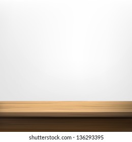 White wall background with wooden table. Vector set.