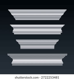 Weiße Wand, Baseboards einzeln auf Hintergrund. Vektorrealistische Illustration von Kornform-Design, hölzerne Sockel Proben für Innenausstattung oder Gebäude Fassade Dekoration, dekorative Sockelleiste