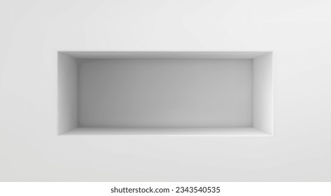 White wall with box shelf, empty niche. 3d showcase for exhibits in museum, gallery or studio. Rectangular recess in blank white wall for room interior, vector realistic illustration - Shutterstock ID 2343540535