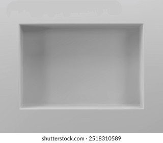 Pared blanca con estante de la caja, nicho vacío. Escaparate 3D para exposiciones en museos, Galerías o estudios. Receso rectangular en la pared blanca en blanco para el interior de la habitación, ilustración realista del Vector