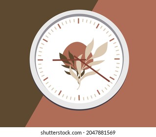 
Reloj blanco en la pared decorado con hojas en el medio, con el fondo de los mismos colores