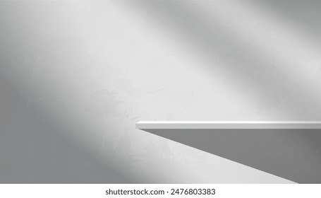 White Wall Concrete Background with Shadow,Light on Grey Shelf Display ,Empty Studio Room Shop with Podium Stage Stand on cement wall,Vector Minimal BackdropBanner  for Winter Product Present