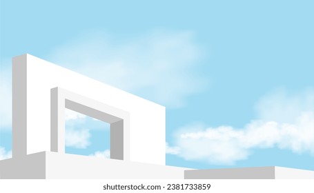 White Wall Concrete with Open Window against Blue sky and Clouds,Exterior Rooftop White cement building,Ant view Minimal Modern architecture. with summer sky Backdrop Background for Spring, Summer 