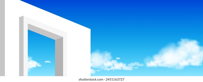 Hormigón de pared blanca con ventana abierta contra el cielo azul y las nubes, techo exterior Edificio de cemento blanco, vista de hormiga Arquitectura moderna mínima. con cielo de verano Fondo de telón de fondo para primavera, verano 