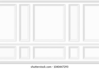 White wall decorated with moulding panels. Classic interior decor of the living room. Seamless vector background.