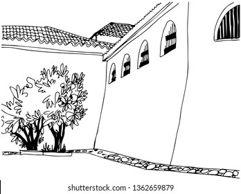 White wall of a modern building. Beautiful architecture of Israel. Hand drawn urban sketch. Black and white ink line drawing. Vector illustration on white background.