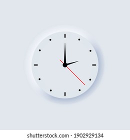 White wall office clock icon. Time and clock icons. Vector mobile ui. Neumorphic UI UX white user interface. Neumorphism.
