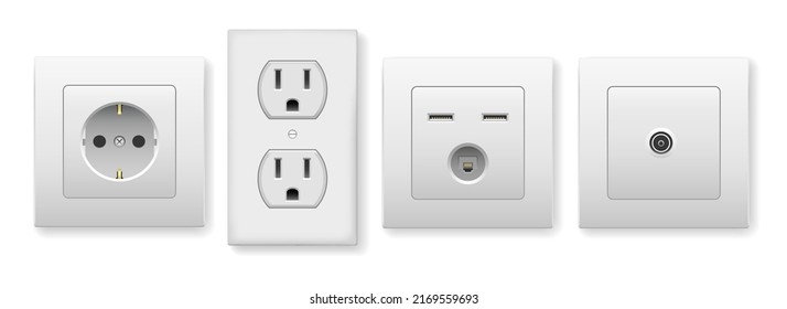 White wall sockets. Connecting ac power tv phone usb devices socket outlet plates, home electrical adapter objects plugging cables connections vector isolated