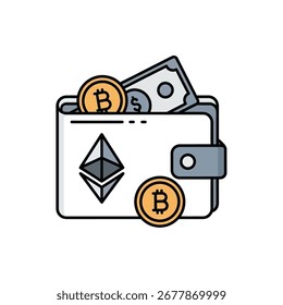 A white wallet with Bitcoin and Ethereum cryptocurrency coins, and dollar bills inside.