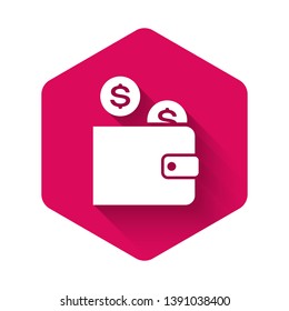 White Wallet with coin icon isolated with long shadow. Money Wallet. Coin dollar symbol. Pink hexagon button. Vector Illustration