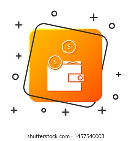 White Wallet with coins icon isolated on white background. Purse icon. Cash savings symbol. Orange square button. Vector Illustration