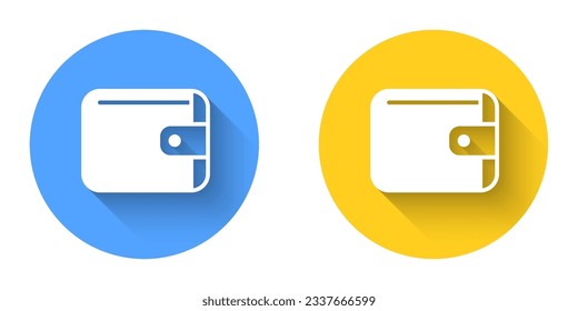 White Wallet icon isolated with long shadow background. Purse icon. Cash savings symbol. Circle button. Vector