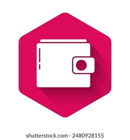 White Wallet icon isolated with long shadow. Purse icon. Cash savings symbol. Pink hexagon button. Vector Illustration