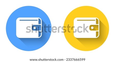 White Wallet icon isolated with long shadow background. Purse icon. Cash savings symbol. Circle button. Vector