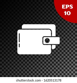 White Wallet icon isolated on transparent dark background. Purse icon. Cash savings symbol.  Vector Illustration