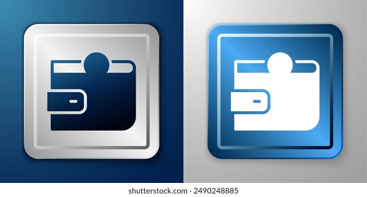 White Wallet icon isolated on blue and grey background. Purse icon. Cash savings symbol. Silver and blue square button. Vector