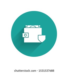 White Wallet and money with shield icon isolated with long shadow. Insurance concept. Security, safety, protection, protect concept. Green circle button. Vector Illustration