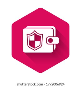 White Wallet and money with shield icon isolated with long shadow. Insurance concept. Security, safety, protection, protect concept. Pink hexagon button. Vector.
