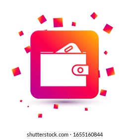 White Wallet with stacks paper money cash icon isolated on white background. Purse icon. Cash savings symbol. Square color button. Vector Illustration