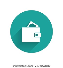 White Wallet with stacks paper money cash icon isolated with long shadow. Purse icon. Cash savings symbol. Green circle button. Vector
