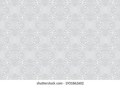 White wallpaper. Background with volumetric composition with 3D effect of convex shape. Geometric embossed pattern in ethnic style.