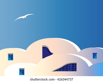 the white walls of the houses on a blue background