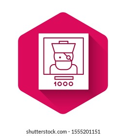 White Wanted poster pirate icon isolated with long shadow. Reward money. Dead or alive crime outlaw. Pink hexagon button. Vector Illustration