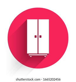White Wardrobe icon isolated with long shadow. Red circle button. Vector Illustration
