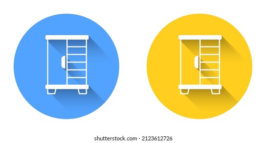 White Wardrobe icon isolated with long shadow background. Cupboard sign. Circle button. Vector
