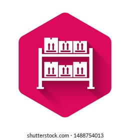White Warehouse icon isolated with long shadow. Pink hexagon button. Vector Illustration