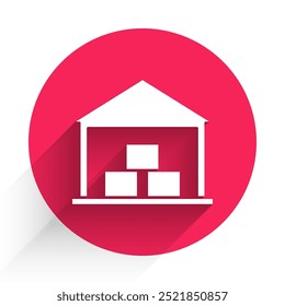 White Warehouse icon isolated with long shadow. Red circle button. Vector Illustration