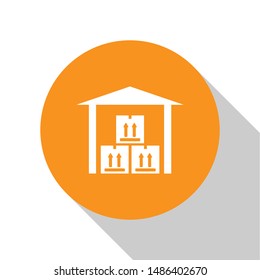 White Warehouse icon isolated on white background. Orange circle button. Vector Illustration