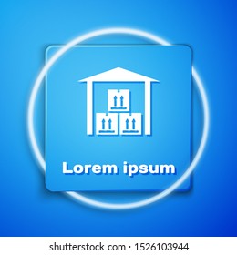 White Warehouse icon isolated on blue background. Blue square button. Vector Illustration