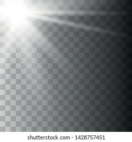 White warm light effect, sun rays, beams on transparent background. Vector illustration of light decoration effect with ray.