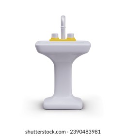 White wash basin with faucet and regulators. Realistic isolated image. Illustration for plumbing equipment, sanitary ware store. Template for advertisement of detergents