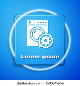 White Washer and gear icon isolated on blue background. Adjusting app, service concept, setting options, maintenance, repair, fixing. Blue square button. Vector Illustration