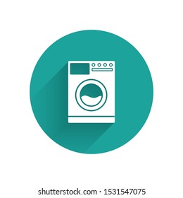 White Washer icon isolated with long shadow. Washing machine icon. Clothes washer - laundry machine. Home appliance symbol. Green circle button. Vector Illustration