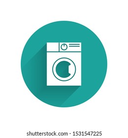 White Washer icon isolated with long shadow. Washing machine icon. Clothes washer - laundry machine. Home appliance symbol. Green circle button. Vector Illustration