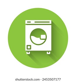 White Washer icon isolated with long shadow. Washing machine icon. Clothes washer - laundry machine. Home appliance symbol. Green circle button. Vector