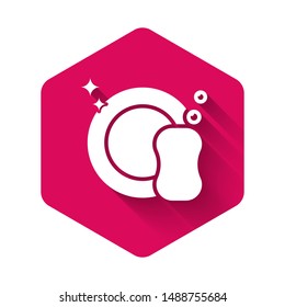 White Washing dishes icon isolated with long shadow. Plate and sponge. Cleaning dishes icon. Dishwasher sign. Clean tableware sign. Pink hexagon button. Vector Illustration