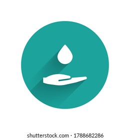 White Washing hands with soap icon isolated with long shadow. Washing hands with soap to prevent virus and bacteria. Green circle button. Vector Illustration