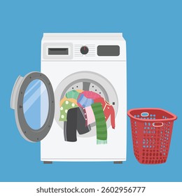 White washing machine with dirty clothes inside. Laundry basket clipart in cartoon style. Laundry equipment, household appliance vector illustration in flat design isolated on blue background. 